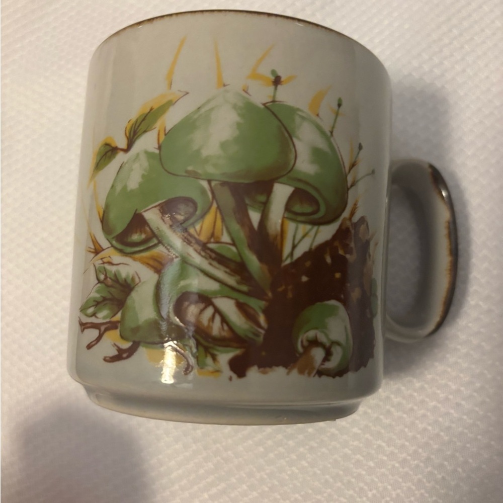 Vintage Green Mushroom Ceramic Mug- green and gold accents
